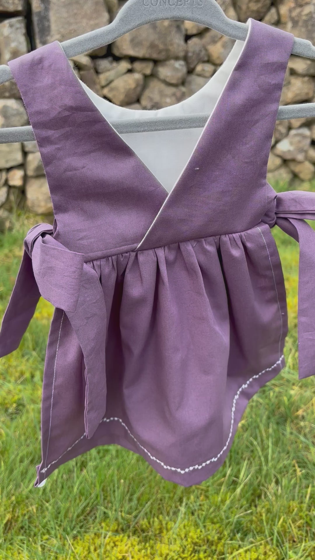 Organic cotton baby pinafore purple